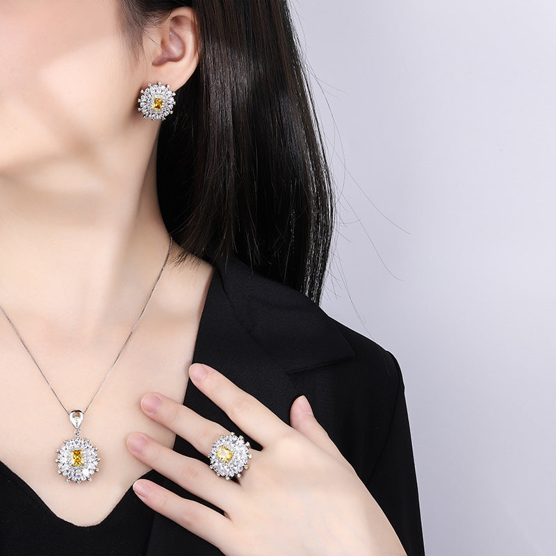 Flower Rectangle Yellow Gemstone Silver Cubic Zirconia Necklace Earring Ring Set For Women