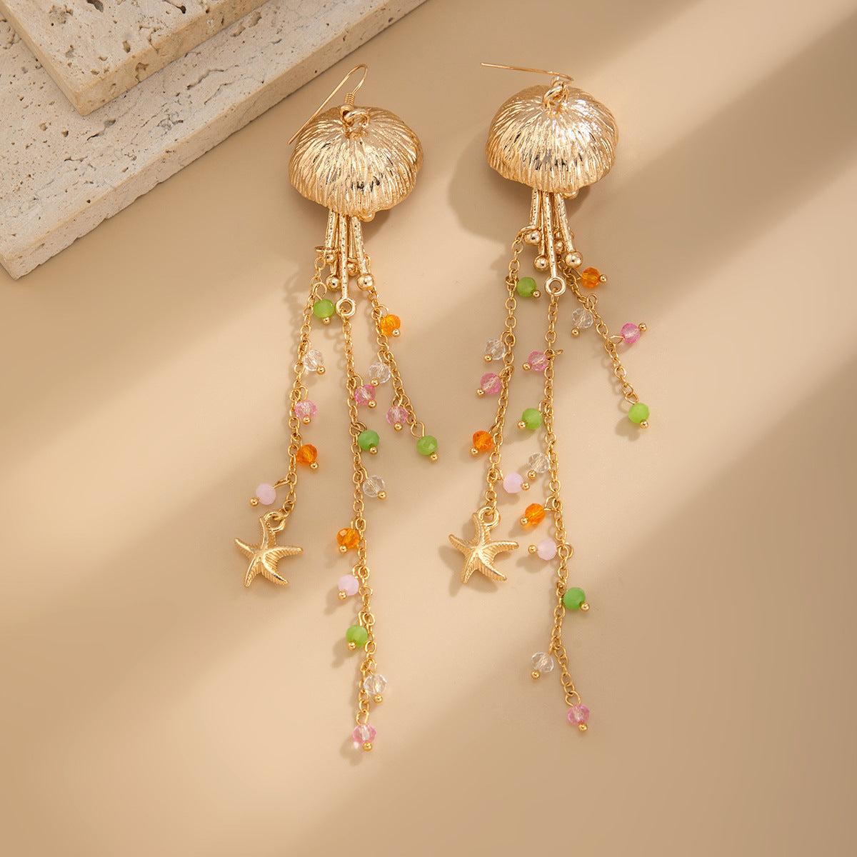 Star Fish Bohemian Beads Crystal 18K Gold Jhumki Dangler Tassel Earring For Women