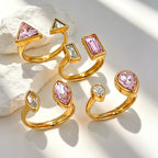 Pink Geometric Cubic Zirconia Copper Adjustable Ring For Women Bulk