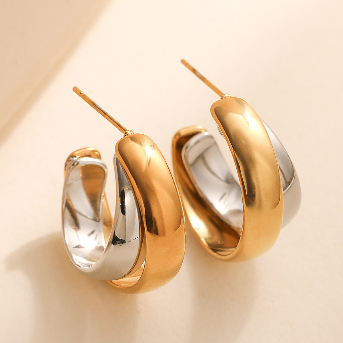 Gold Silver Crossover Stainless Steel Hoop Earrings For Women Bulk Secondary image