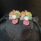 Rainbow Flower 18K Gold Multi Gemstone Pearl Crystal Cubic Zirconia Anti Tarnish Necklace Earring Set For Women