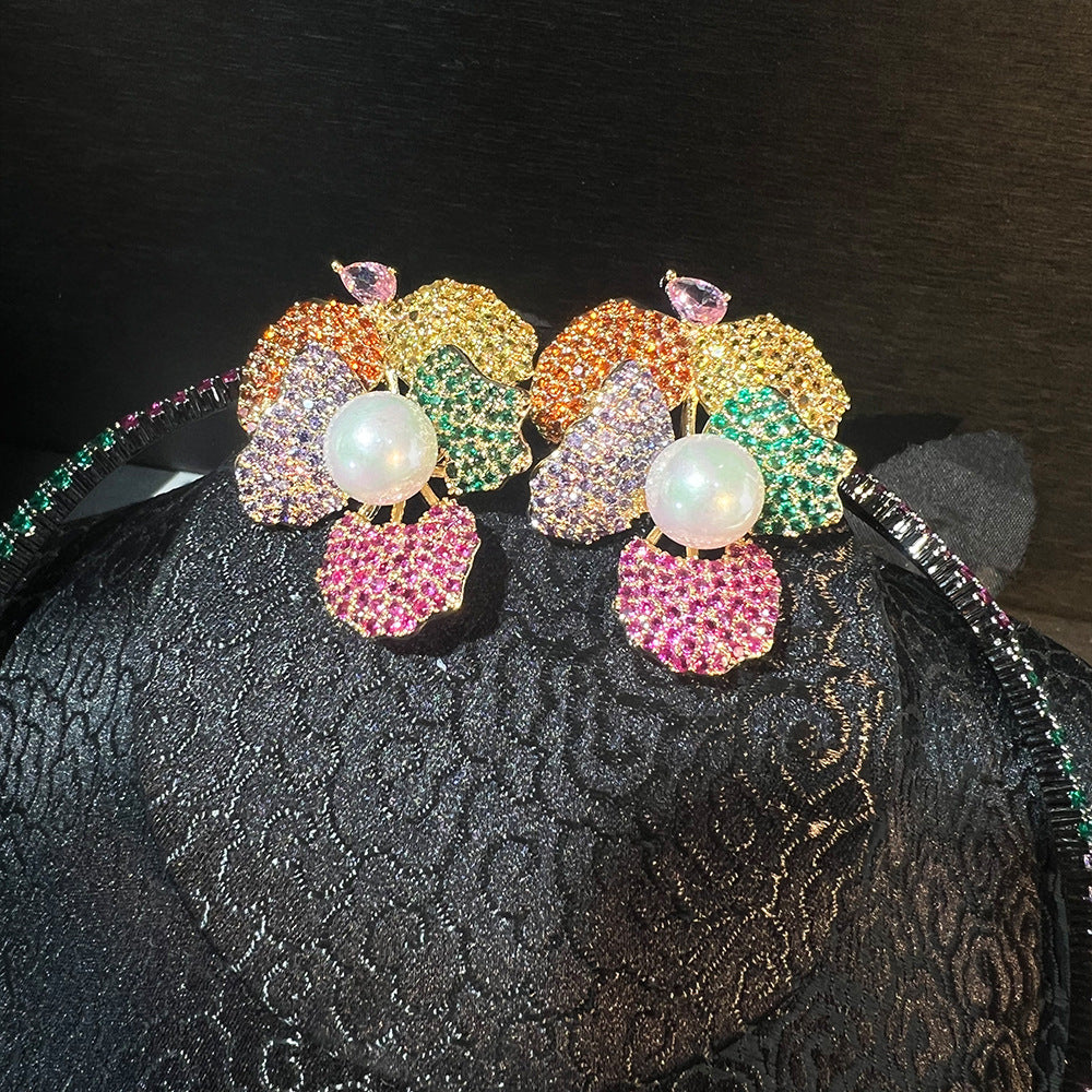 Rainbow Flower 18K Gold Multi Gemstone Pearl Crystal Cubic Zirconia Anti Tarnish Necklace Earring Set For Women