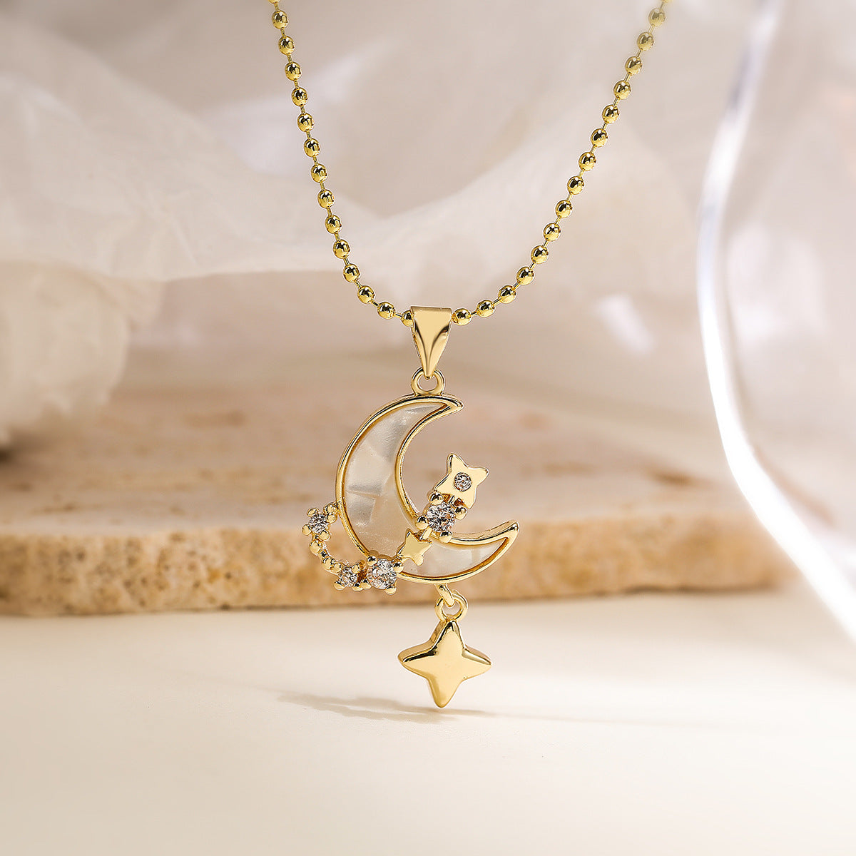 White Celestial Moon Star Gold Mother Of Pearl Copper Pendant Chain Bulk
