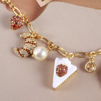 Strawberry Cake Bread Inlaid Pearl Cubic Zirconia Anti Tarnish Charm Chain Bracelet For Women