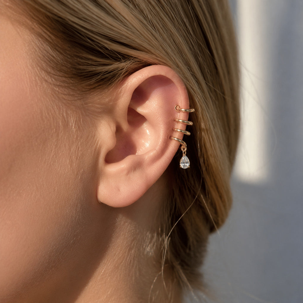 Gold Geometric Spiral CZ Teardrop Stainless Steel Ear Cuff Earrings Bulk