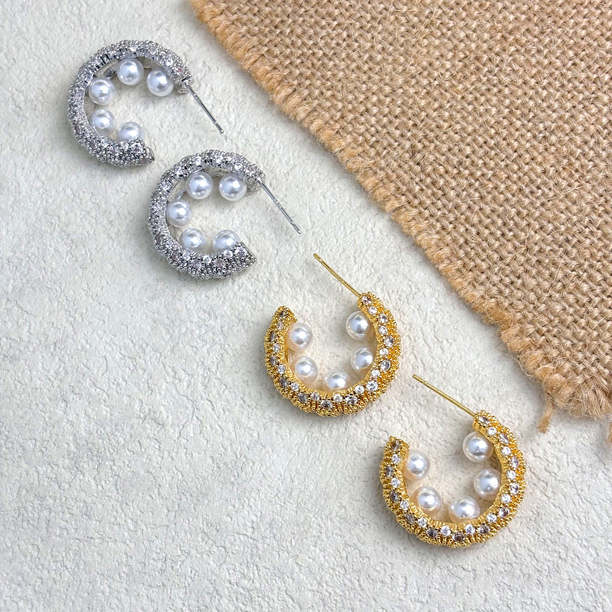Pearl Cubic Zirconia 18K Gold Silver Anti Tarnish Hoop Earring Bulk Main image