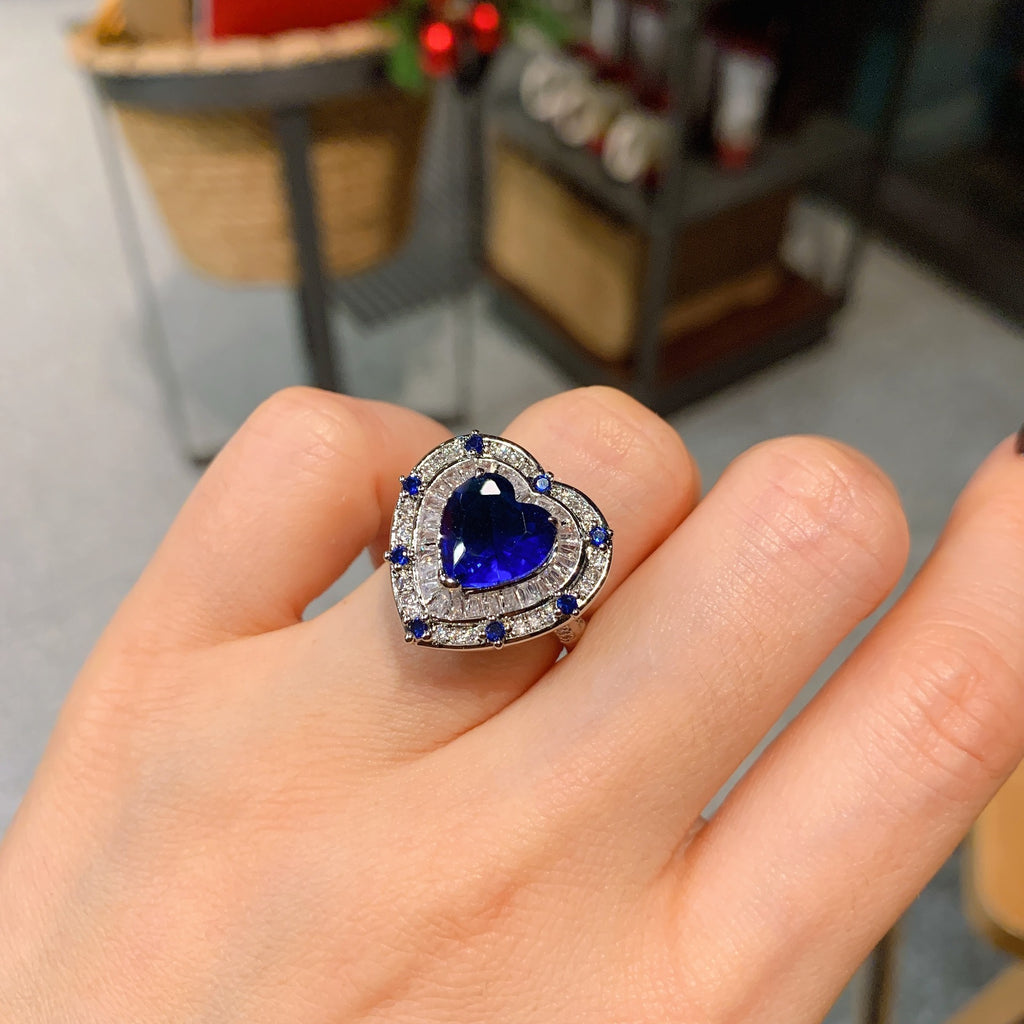 Heart Love Blue Silver Anti Tarnish Free Size Ring For Women Bulk