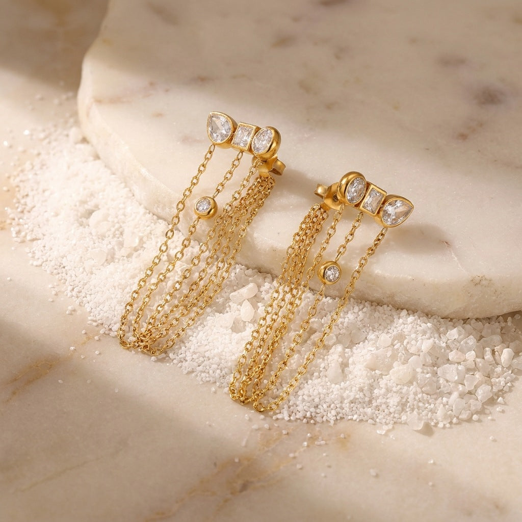 Luxury Triple Chain Gold Plated CZ Copper Drop Earrings Wholesale