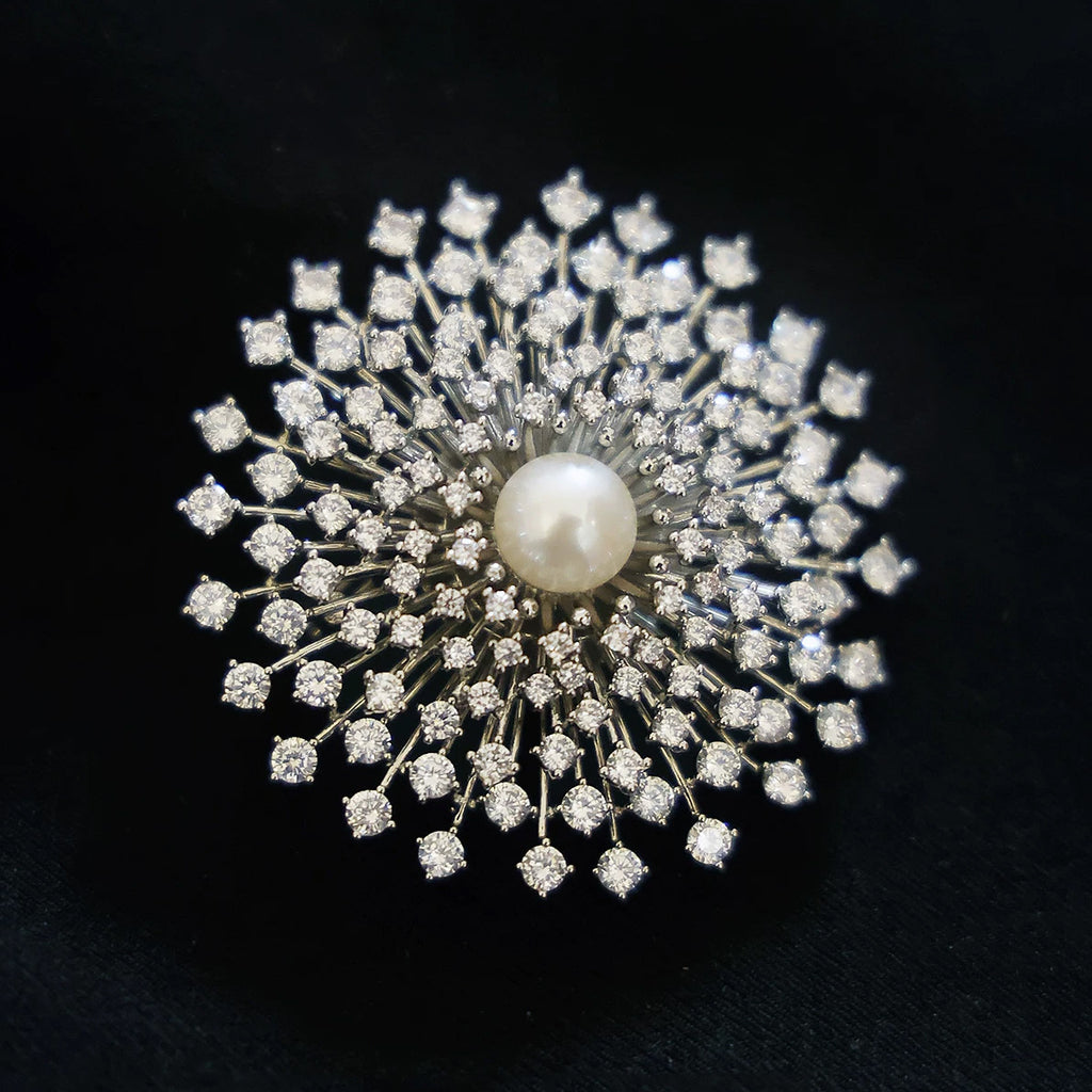 Designer Round Floral Gold Silver Plated CZ Pearl Copper Brooch Bulk