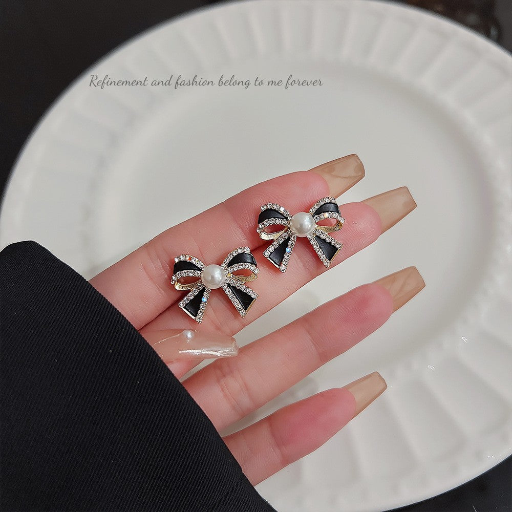 Black Bow Knot Gold Plated Rhinestone Pearl Alloy Stud Earrings Bulk