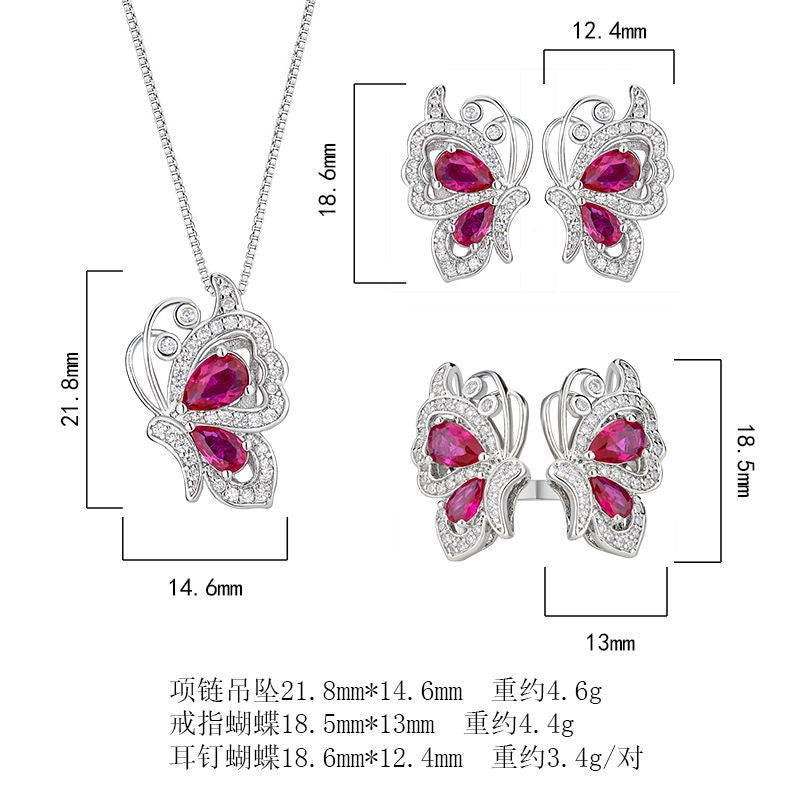 Butterfly Pink Silver CZ Anti Tarnish Necklace Earring Ring Set Bulk