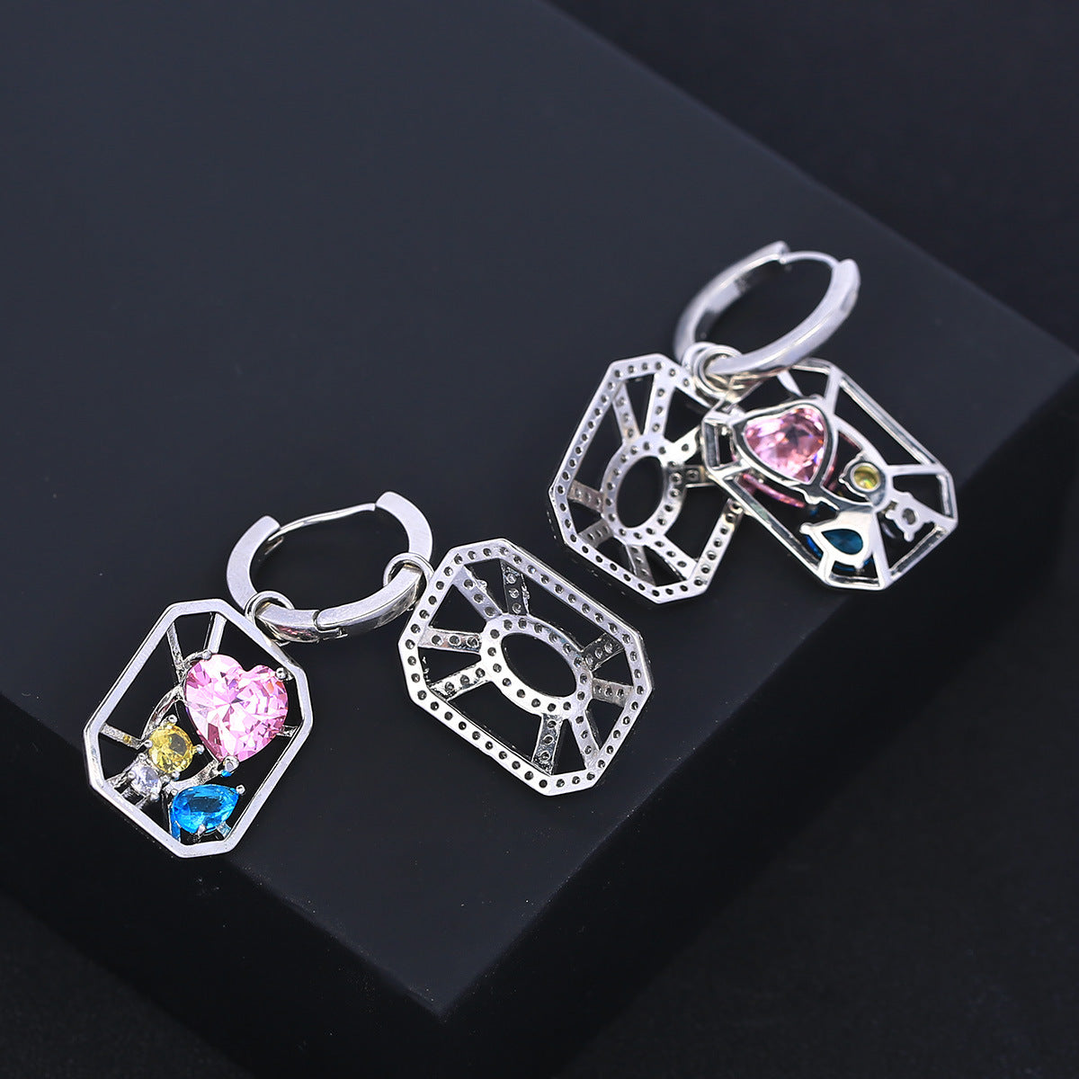 Trendy Openwork Hexagon Silver Plated CZ Copper Hoop Earrings Bulk