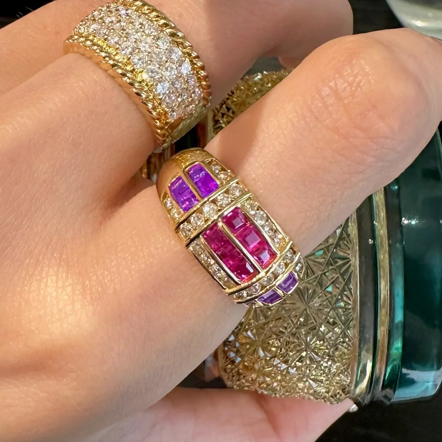 Purple Pink Baguette Crystal CZ Anti Tarnish Free Size Ring Bulk Secondary image