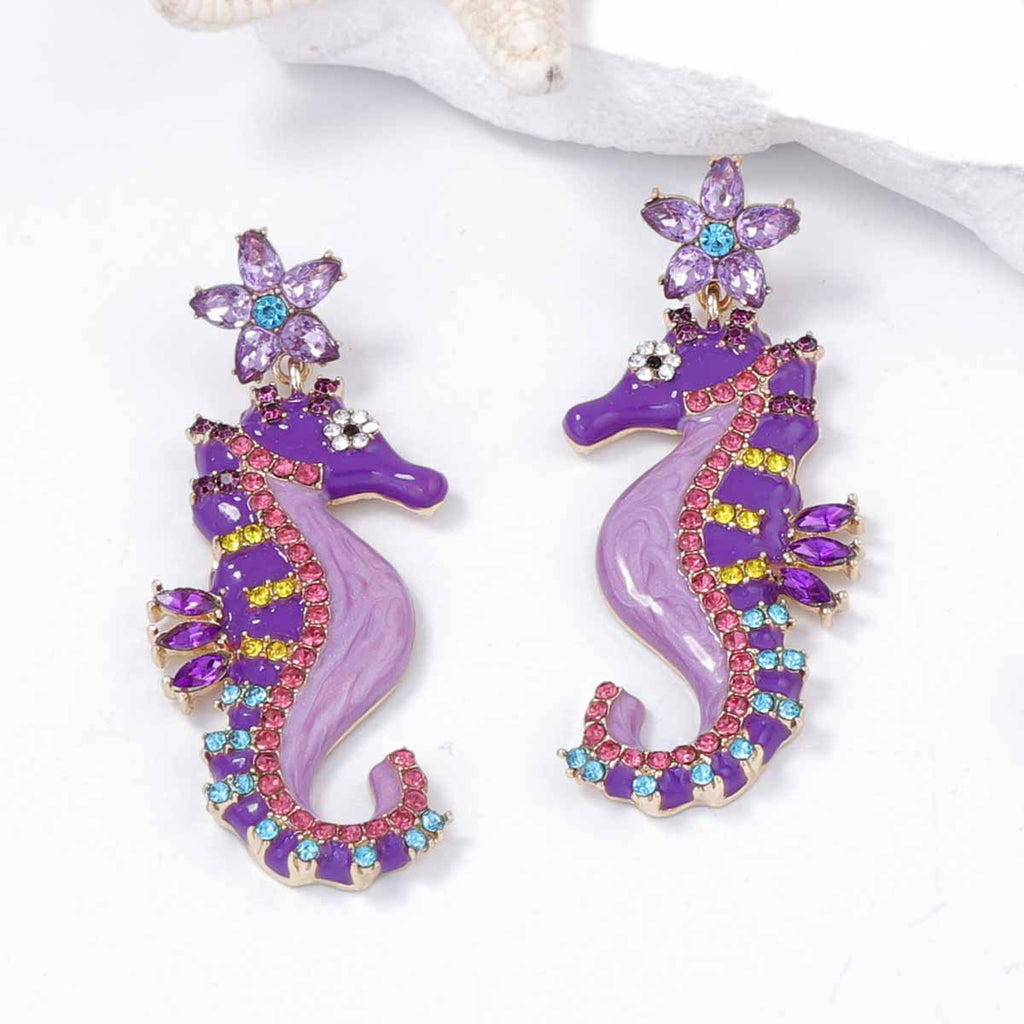 Seahorse Flower Multi CZ Enamel Anti Tarnish Dangler Earring Bulk