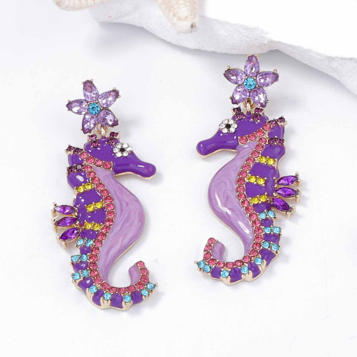 Seahorse Flower Multi CZ Enamel Anti Tarnish Dangler Earring Bulk