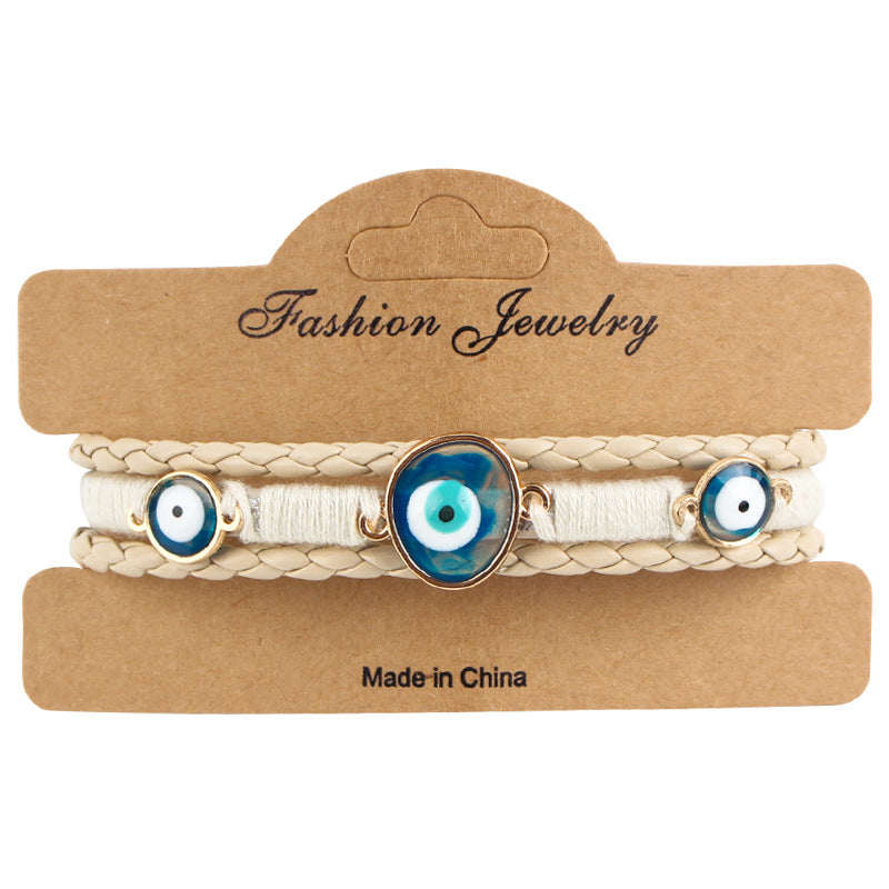 Evil Eye Multi Layer Blue Brown Anti Tarnish Wrist Band Leather Bracelet For Woman Men