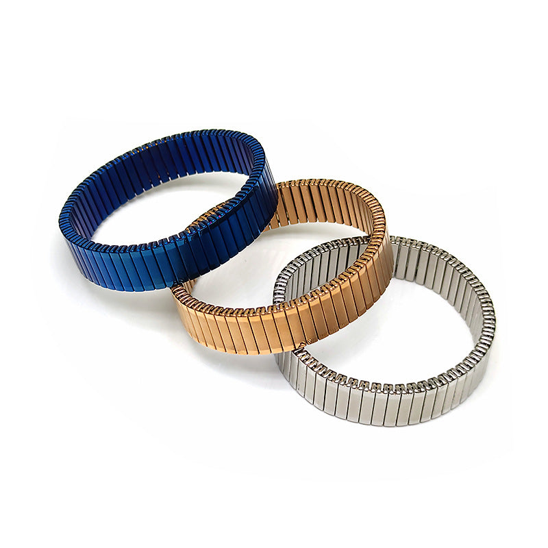 Black Stackable Stainless Steel Anti Tarnish Adjustable Watch Stripe Elastic Bracelet For Women