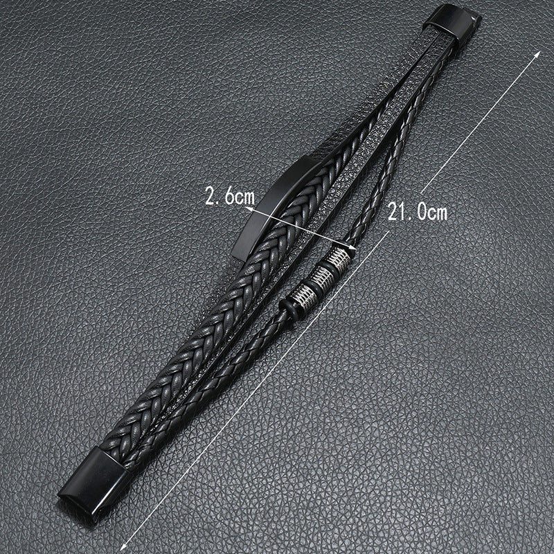 Rope Ring Black Brown Stainless Steel Multi Layer Wrist Band Id Leather Bracelet For Men