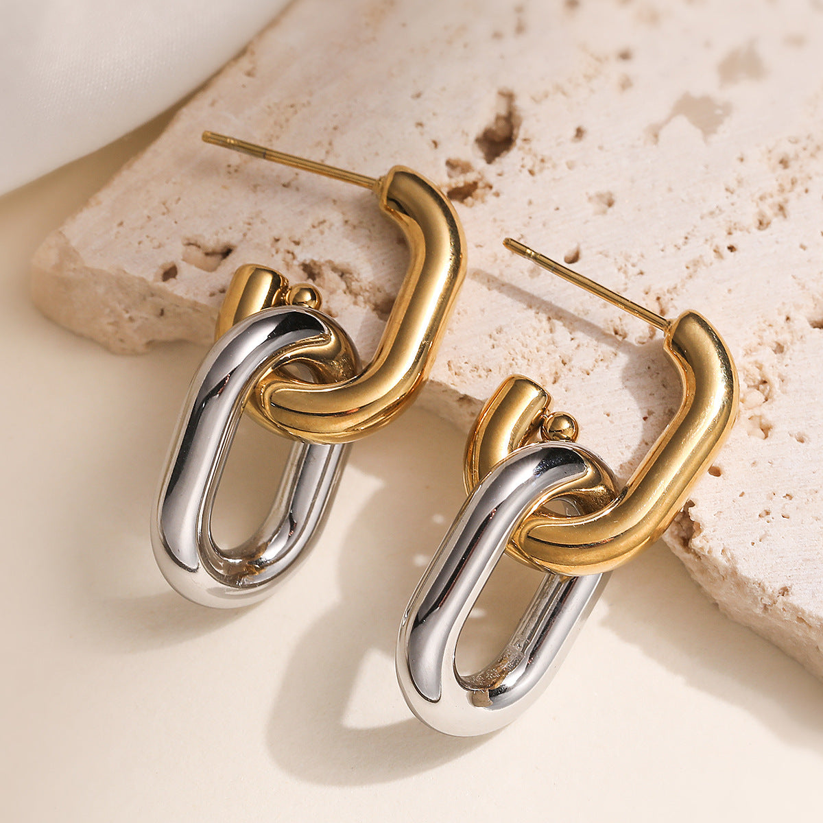 Gold Silver Dual Tone Chain Link Copper Drop Earrings For Women Bulk