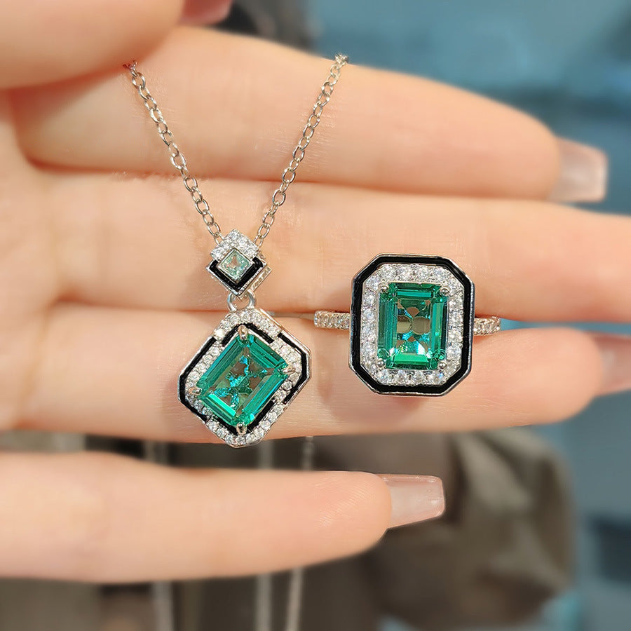 Emerald Green Black Silver Cubic Zirconia Anti Tarnish Pendant Chain Earring Ring Set For Women