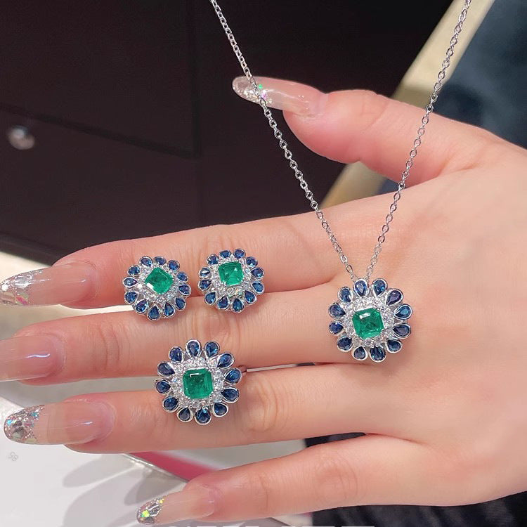 Sunflower Blue Green Gemstone Silver CZ Necklace Earring Ring Set Bulk