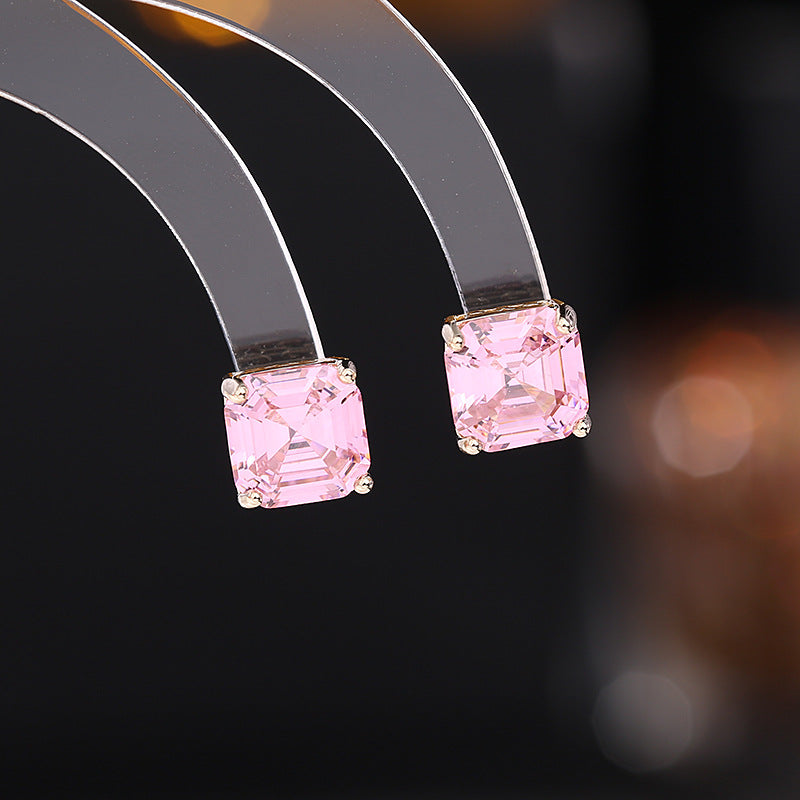 Square Solitaire White Green Blue Pink Silver CZ Stud Earring Bulk