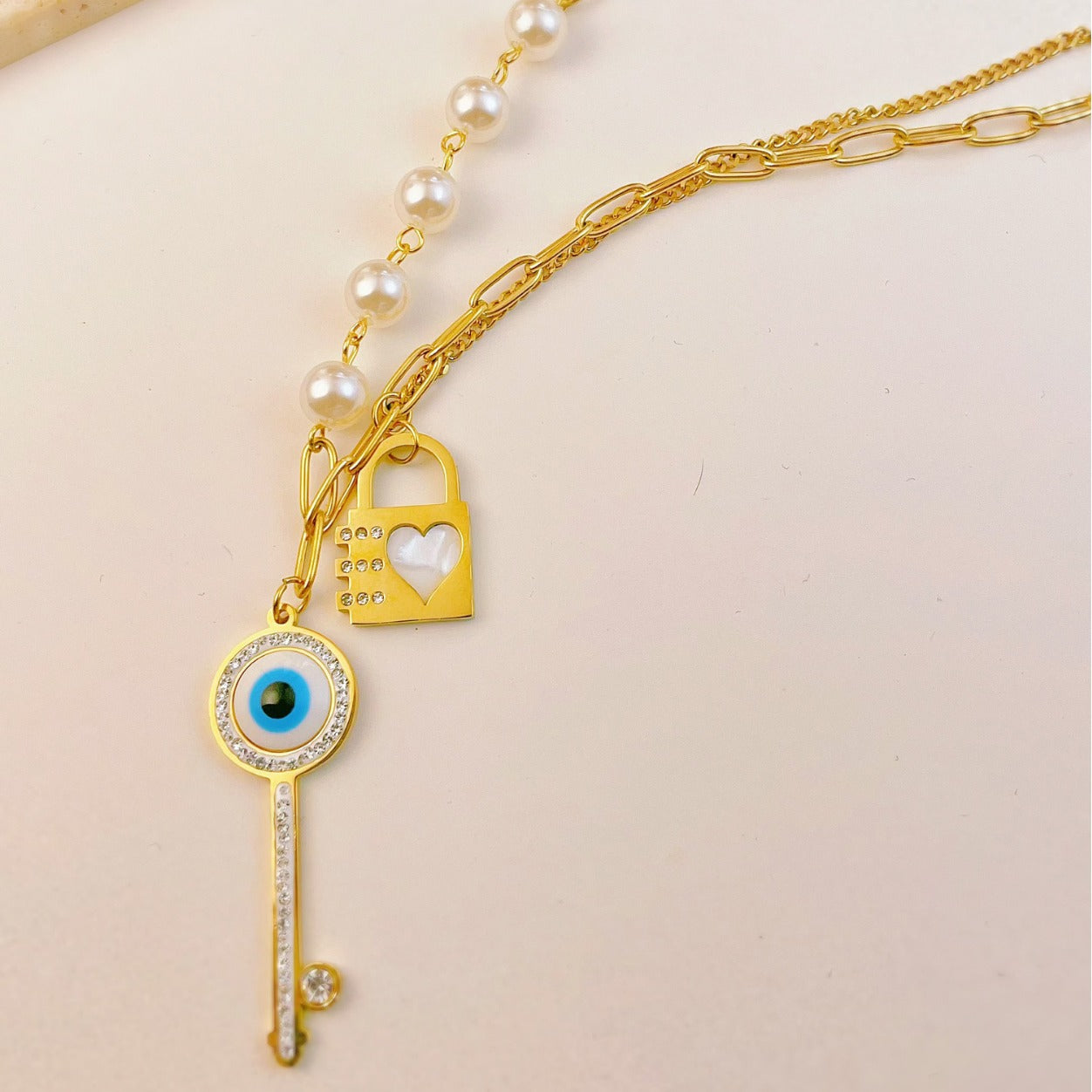 Heart Key Lock Evil Eye Pearl Gold Stainless Steel Necklace Chain Bulk Main image