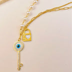 Heart Key Lock Evil Eye Pearl Gold Stainless Steel Necklace Chain Bulk
