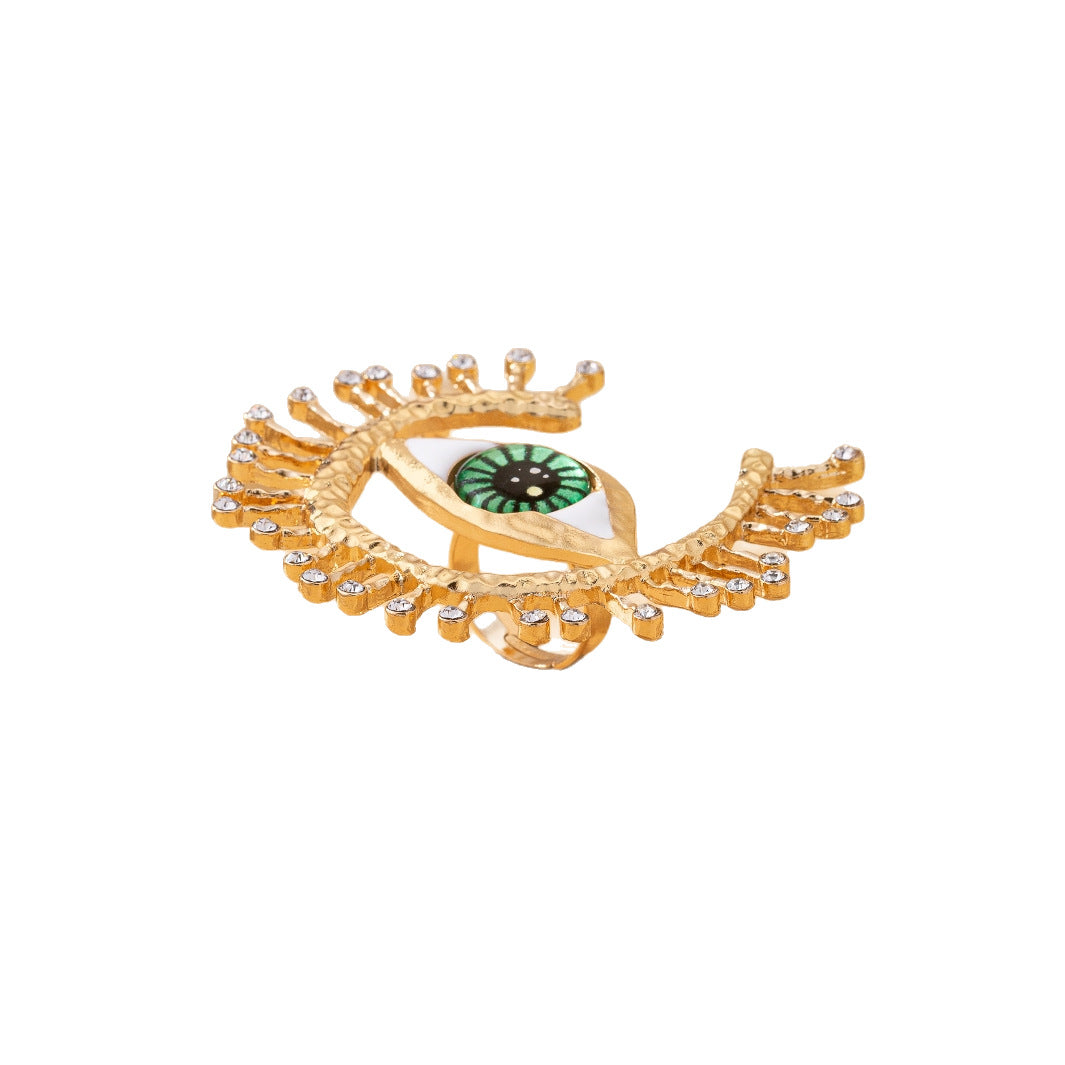 Green Evil Eye Gold Plated Rhinestone Adjustable Cocktail Ring Bulk