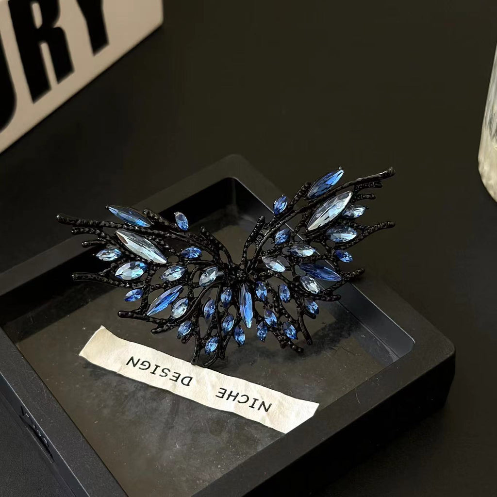 Bulk Blue Butterfly Black Rhinestone Alloy Adjustable Cocktail Ring