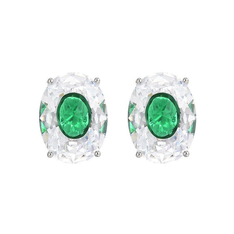Luxury Emerald Green Oval CZ Silver Plated Copper Stud Earrings Bulk