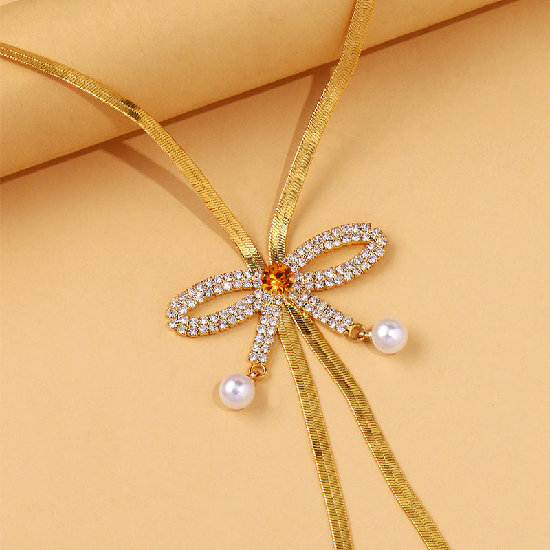 Bow Rhinestone Pearl 18K Gold Necklace Snake Chain For Women Bulk