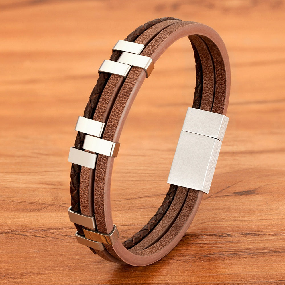 Layer Black Brown Blue Silver Leather Stainless Steel Bracelet Bulk