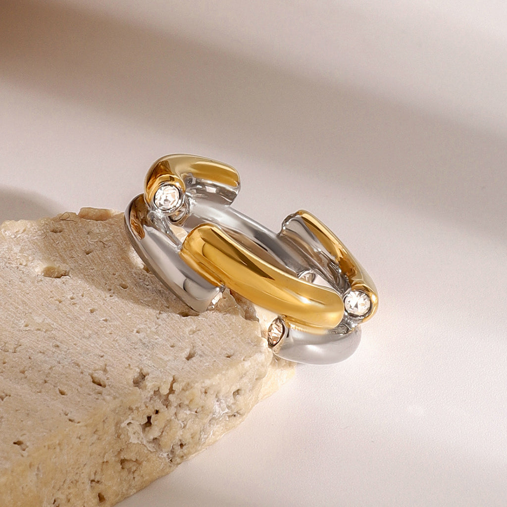 Two Tone Gold Silver CZ Anti Tarnish Stainless Steel Ring Bulk