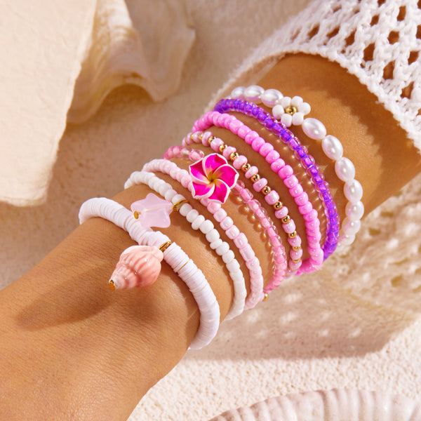 Pink White Flower Shell Layered Gold Plated Pearl Beads Bracelet Bulk Secondary image