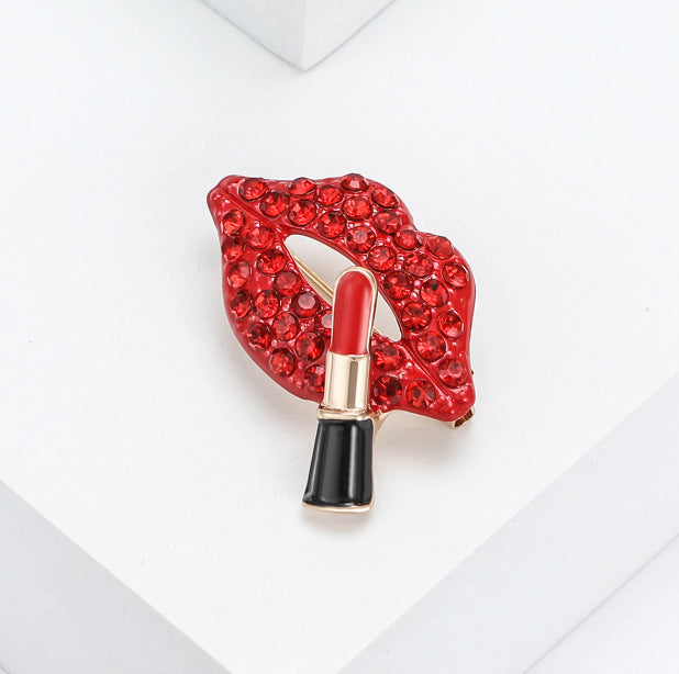 Red Lips & Lipstick Gold Plated Rhinestone Brooch For Women Bulk
