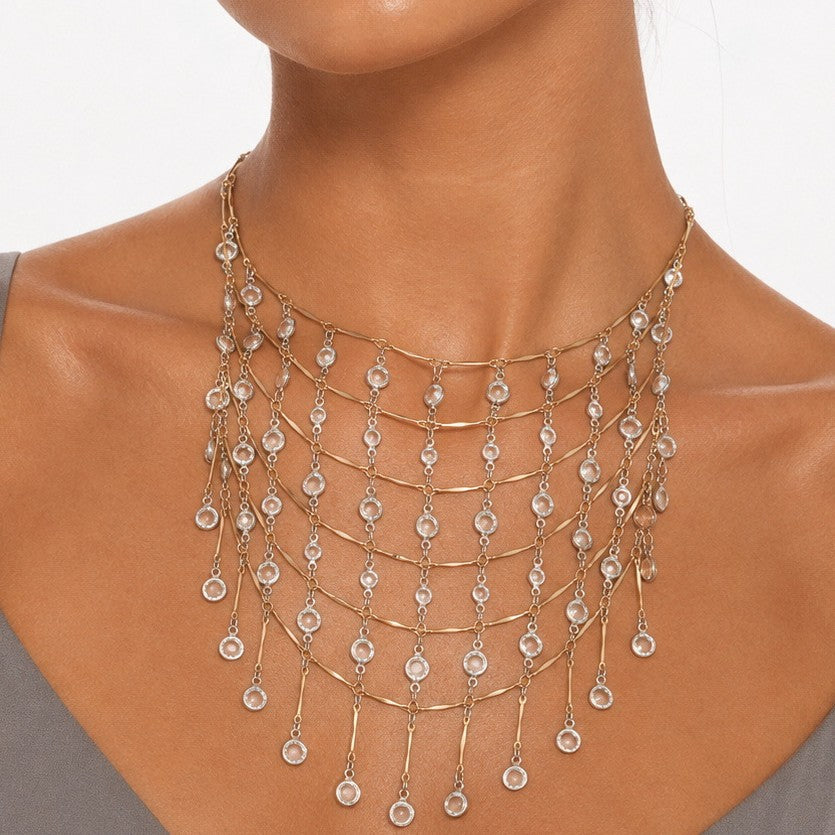 Multi-Layer Waterfall Gold Plated Rhinestone Fringe Alloy Necklace Bulk