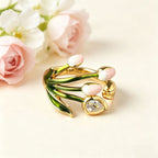 Pink Green Tulip Flower Gold Copper Anti Tarnish Adjustable Ring For Women Bulk