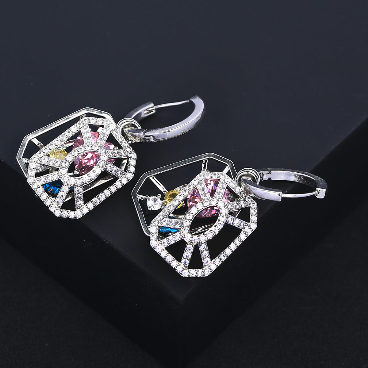 Trendy Openwork Hexagon Silver Plated CZ Copper Hoop Earrings Bulk