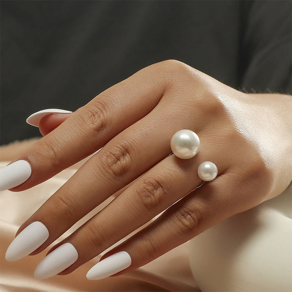 Dual Pearl White 18K Gold Anti Tarnish Free Size Ring For Women Bulk Secondary image