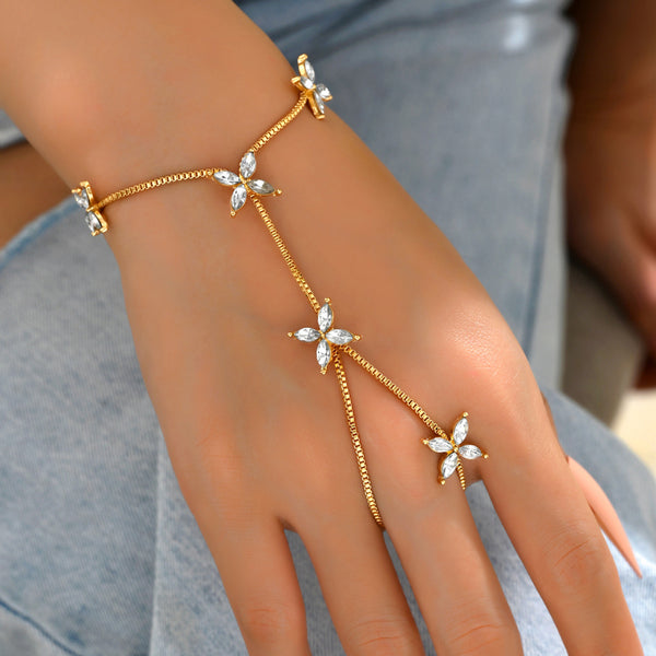 Flower Oval Solitaire Gold Silver Anti Tarnish Box Chain Bracelet Joint Ring For Women Secondary image