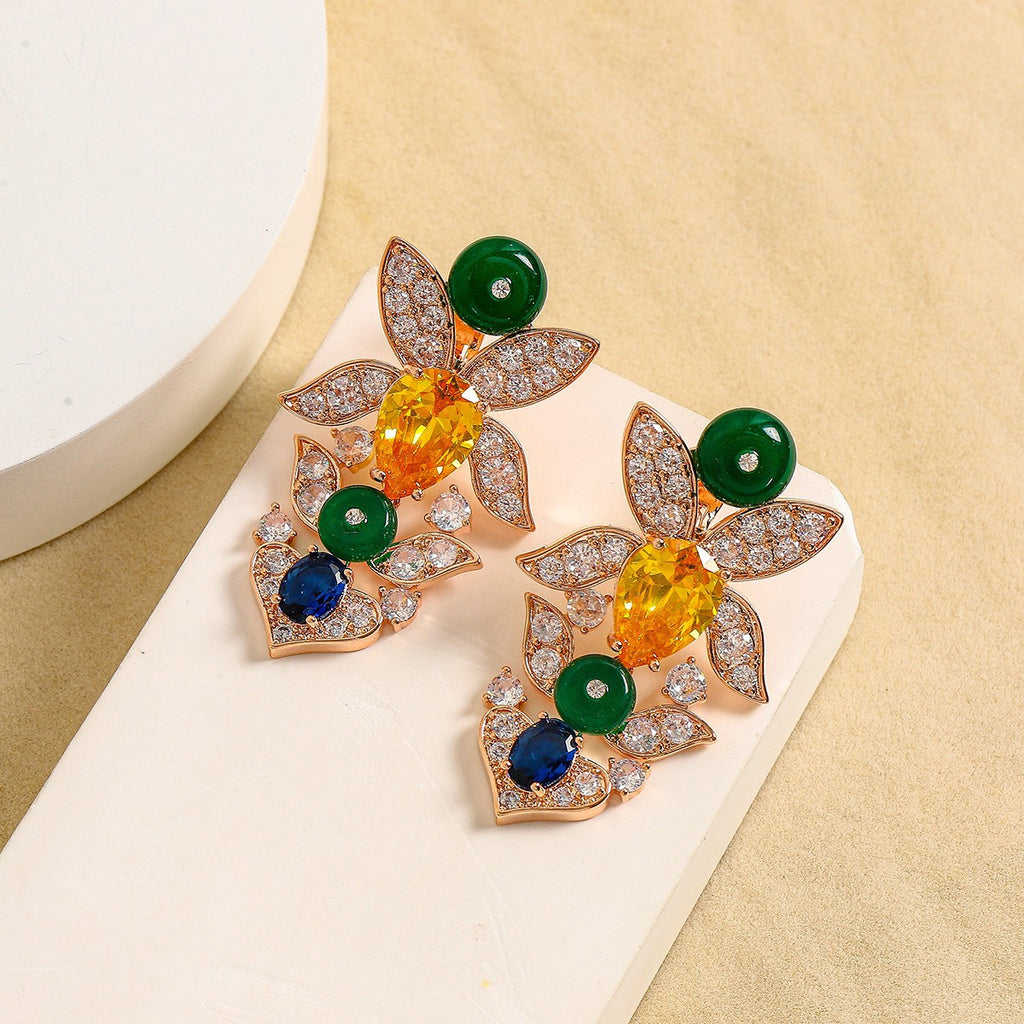 Rainbow Flower Solitaire 18K Gold Multi Gemstone Cubic Zirconia Anti Tarnish Necklace Earring Set For Women
