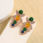 Rainbow Flower Solitaire 18K Gold Multi Gemstone Cubic Zirconia Anti Tarnish Necklace Earring Set For Women