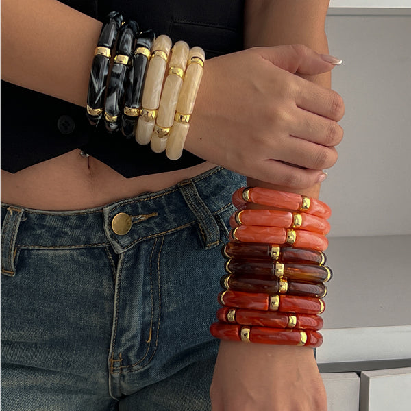 Glossy Acrylic Multi 18K Gold Stainless Steel Anti Tarnish Stackable Elastic Bracelet For Women Main image