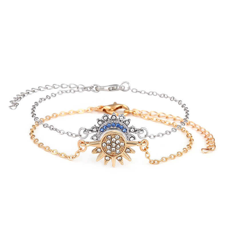 Sun Moon 18K Gold Silver Blue CZ Chain Bracelet Pack Of 2 Bulk