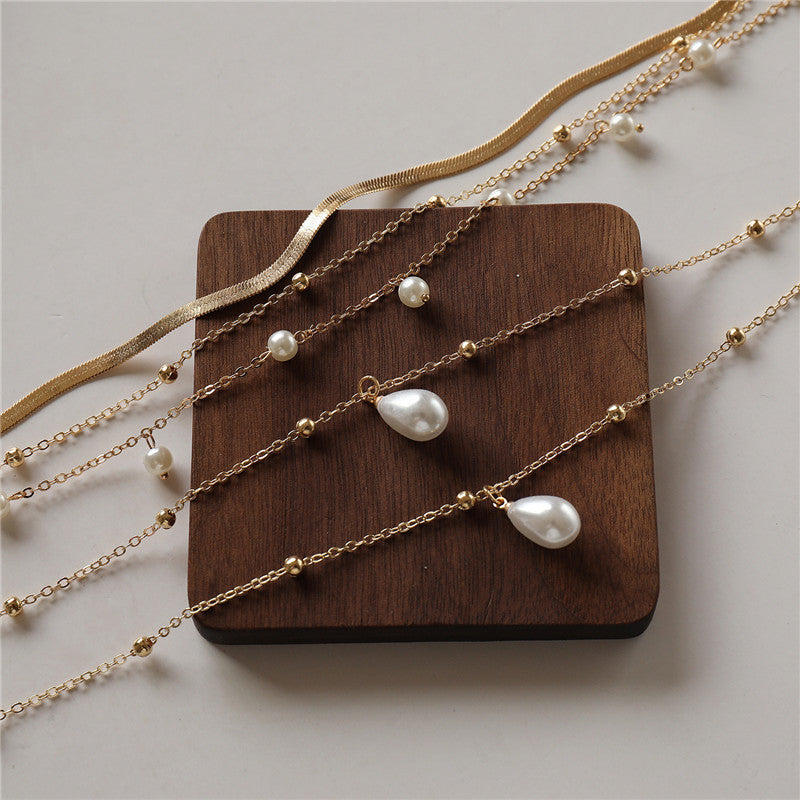 Drop White 18K Gold Anti Tarnish Pearl Layer Link Chain Anti Tarnish Necklace For Women