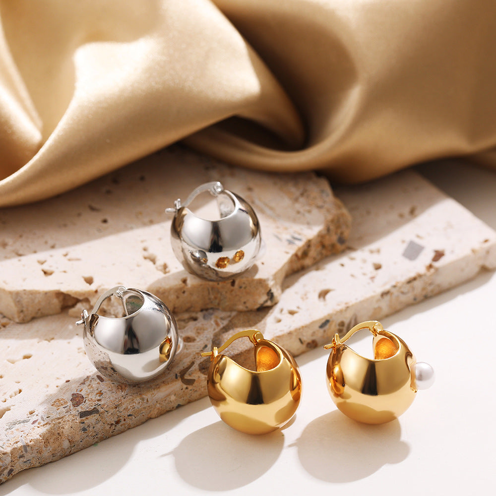 Modern Puffy Gold Silver Pearl Stainless Steel Hoop Earrings Wholesale Secondary image