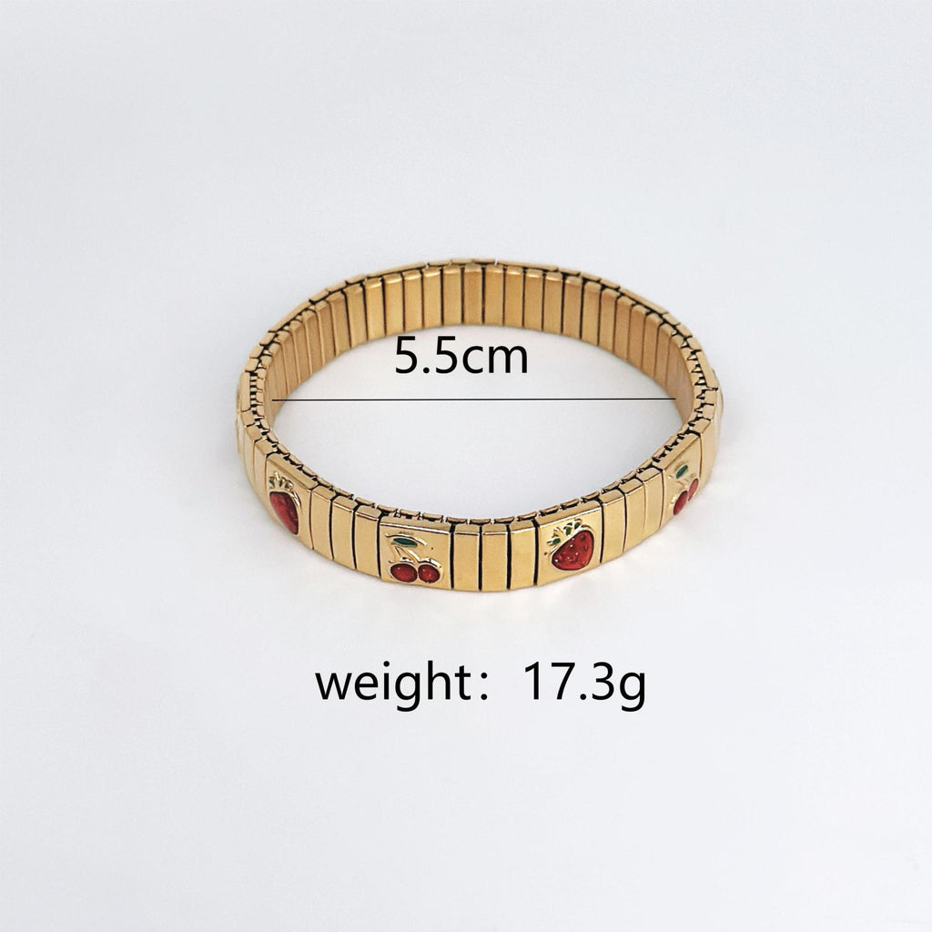 Cherry & Strawberry Stretchable Gold Enamel Stainless Steel Bracelet Bulk