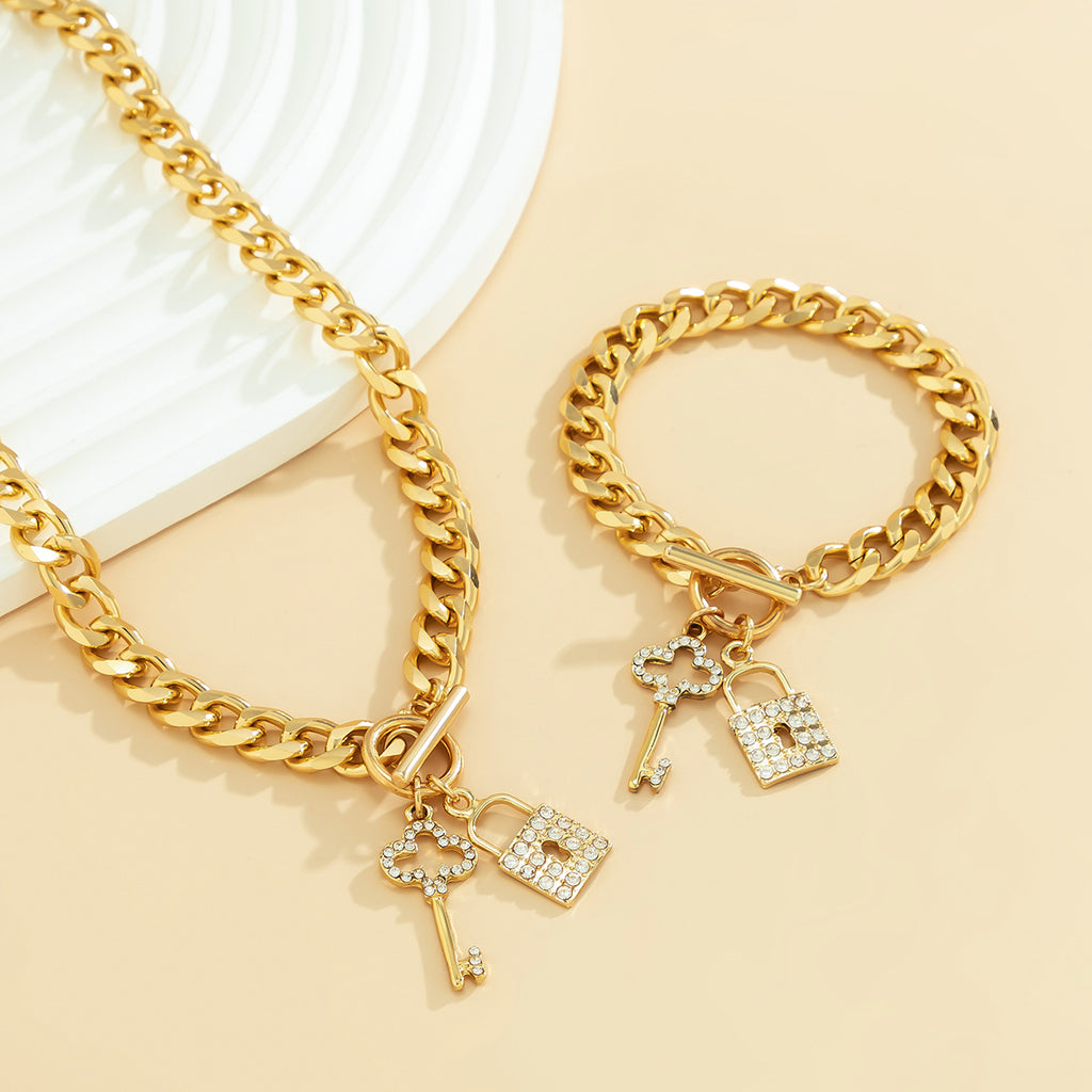 Key Lock Toggle CZ 18K Gold Curb Chain Necklace Bracelet Bulk