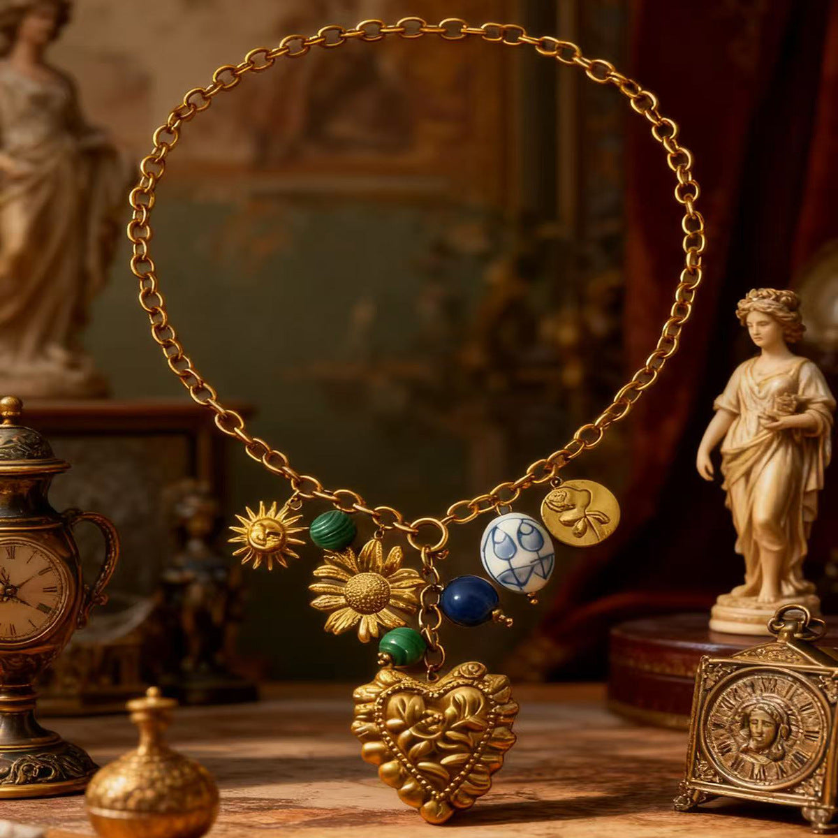 Heart Beads Flower Sun Gold Blue Green Alloy Necklace For Women Bulk